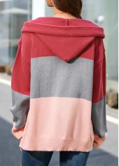 Plus Size Pink Drawstring Button Up Hooded Collar Cardigan