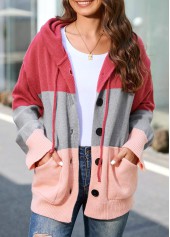 Plus Size Pink Drawstring Button Up Hooded Collar Cardigan