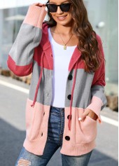 Plus Size Pink Drawstring Button Up Hooded Collar Cardigan