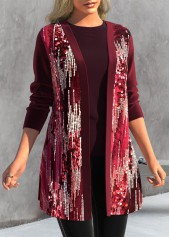 Wine Red Long Sleeve Sequin Coat