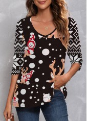 Christmas Print Long Sleeve Black T Shirt