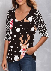 Christmas Print Long Sleeve Black T Shirt