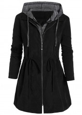 Black Plus Size Drawstring Long Sleeve Hooded Coat