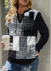 Plaid Eyelet Black Lace Up Collar Sweatshirt