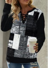 Plaid Eyelet Black Lace Up Collar Sweatshirt