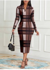 Plaid Zipper Coffee Camel Stand Collar Dress