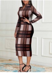 Plaid Zipper Coffee Camel Stand Collar Dress