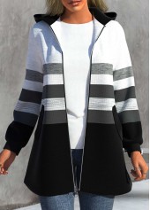 Striped Zipper Black Hooded Long Sleeve Jacket