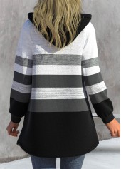 Striped Zipper Black Hooded Long Sleeve Jacket