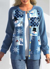 Blue Plus Size Patchwork Christmas Print Cardigan