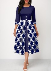 Geometric Print Navy Faux Two Piece Dress