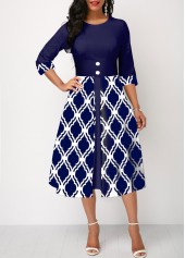 Geometric Print Navy Faux Two Piece Dress