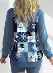 Blue Plus Size Patchwork Christmas Print Cardigan