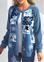 Blue Plus Size Patchwork Christmas Print Cardigan