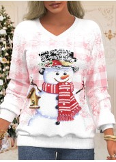 Plus Size Christmas Print V Neck Long Sleeve Pink Sweatshirt