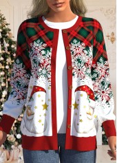 Santa Claus Print Multi Color Round Neck Cardigan