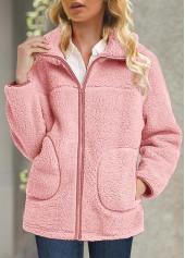 Plush Turn Down Collar Long Sleeve Pink Coat