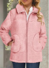 Plush Turn Down Collar Long Sleeve Pink Coat