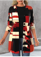 Geometric Print Button Red Long Sleeve Cardigan