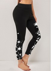 Christmas Tree Print Black Elastic Waist Leggings