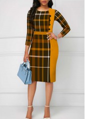 Plus Size Ginger Plaid Button Round Neck Bodycon Dress