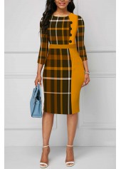 Plus Size Ginger Plaid Button Round Neck Bodycon Dress