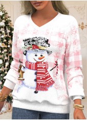Plus Size Christmas Print V Neck Long Sleeve Pink Sweatshirt