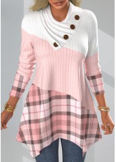 Plus Size Plaid Asymmetrical Neck Pink Long Sleeve Sweatshirt
