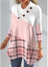 Plus Size Plaid Asymmetrical Neck Pink Long Sleeve Sweatshirt