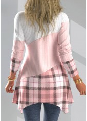 Plus Size Plaid Asymmetrical Neck Pink Long Sleeve Sweatshirt