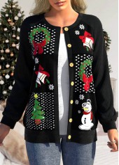 Christmas Print Patchwork Black Long Sleeve Coat