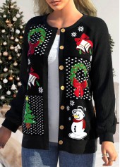 Christmas Print Patchwork Black Long Sleeve Coat