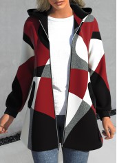 Plus Size Geometric Print Zipper Red Hooded Long Sleeve Jacket