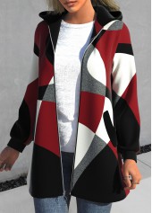 Plus Size Geometric Print Zipper Red Hooded Long Sleeve Jacket