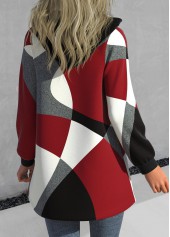 Plus Size Geometric Print Zipper Red Hooded Long Sleeve Jacket