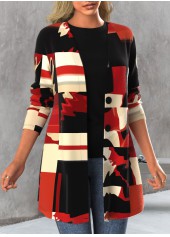 Geometric Print Button Red Long Sleeve Cardigan