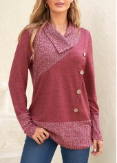 Plus Size Dark Reddish Purple V Neck Button Sweatshirt