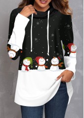 Plus Size Black Christmas Snowman Print Cowl Neck Sweatshirt