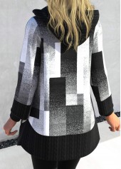 Geometric Print Patchwork Black Hooded Long Sleeve Coat