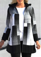 Geometric Print Patchwork Black Hooded Long Sleeve Coat