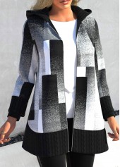 Geometric Print Patchwork Black Hooded Long Sleeve Coat