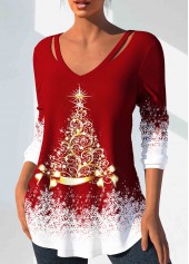 Plus Size Red Christmas Print T Shirt