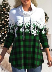 Snowflake Print Drawstring Green Cowl Neck Sweatshirt