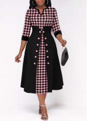 Faux Two Piece Houndstooth Print Pink Dress