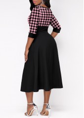 Faux Two Piece Houndstooth Print Pink Dress