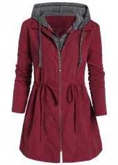 Wine Red Plus Size Drawstring Long Sleeve Coat