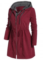Wine Red Plus Size Drawstring Long Sleeve Coat
