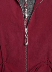 Wine Red Plus Size Drawstring Long Sleeve Coat