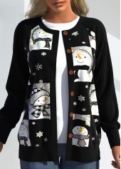 Christmas Snowman Print Patchwork Black Round Neck Cardigan