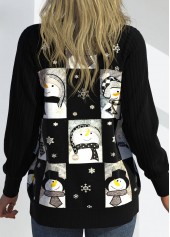 Christmas Snowman Print Patchwork Black Round Neck Cardigan